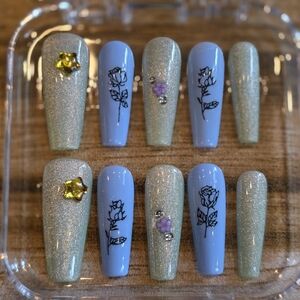 48. Blue and Gold Glitter Press-On Nails